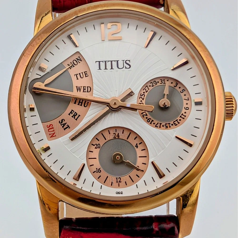 Titus Retrograde Multifunction Rose Gold Burgundy Leather Women's Watch 29mm